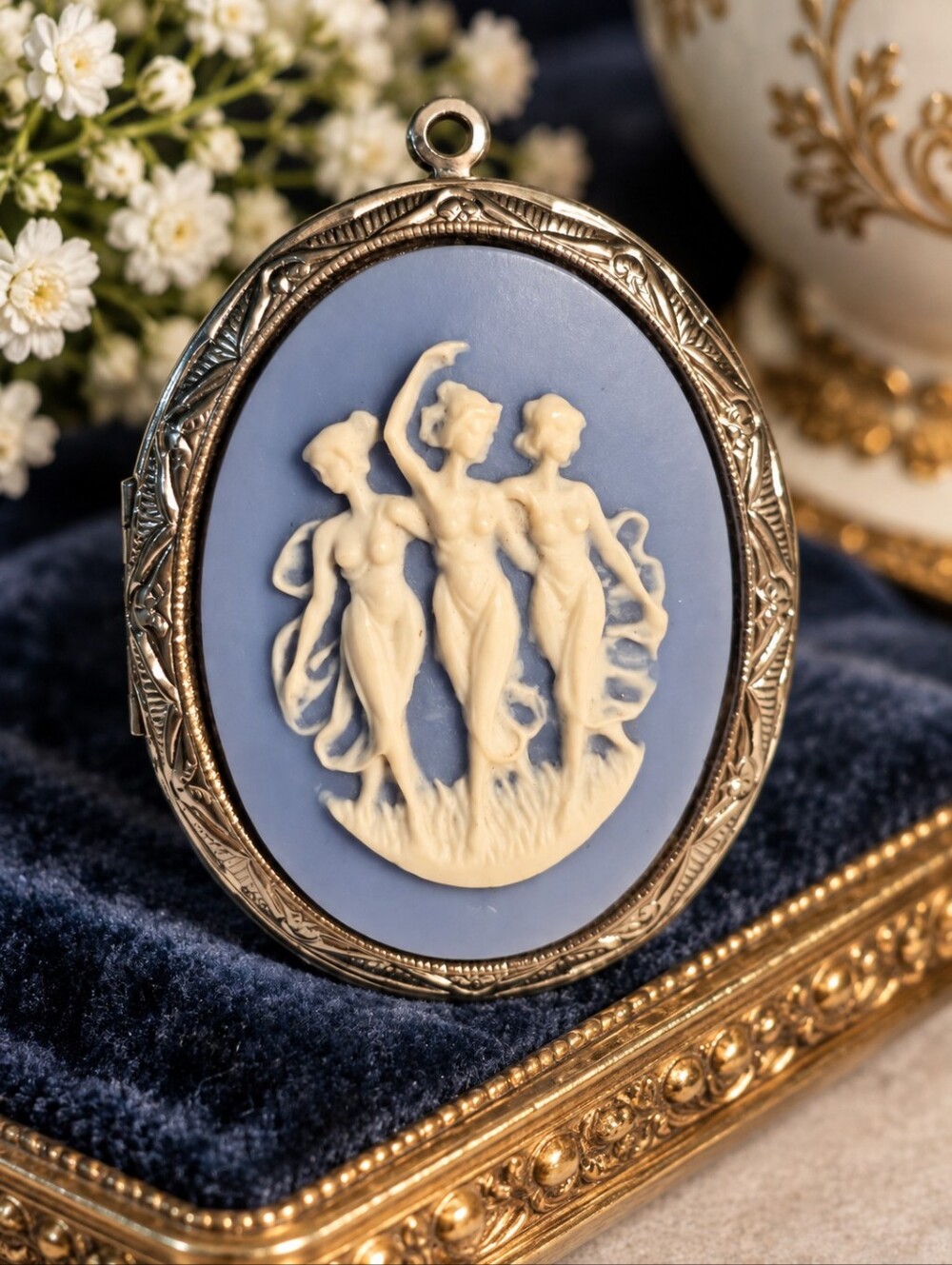 Vintage Cameo Locket Brooch Pendant Three Graces Blue & Ivory Ornate Frame